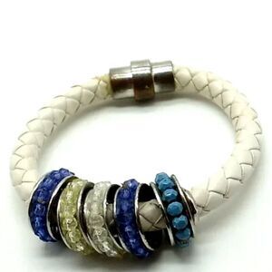Bracelet White Braided Leather Beaded Rings Magnetic Clasp 8.5"